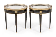 Pair of French Mid-Century Round Ebonized White Marble and Brass Side Table