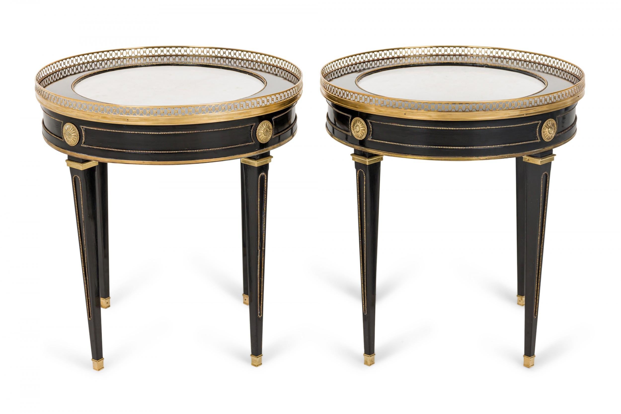 Mid-Century Modern Pair of French Mid-Century Round Ebonized White Marble and Brass Side Table