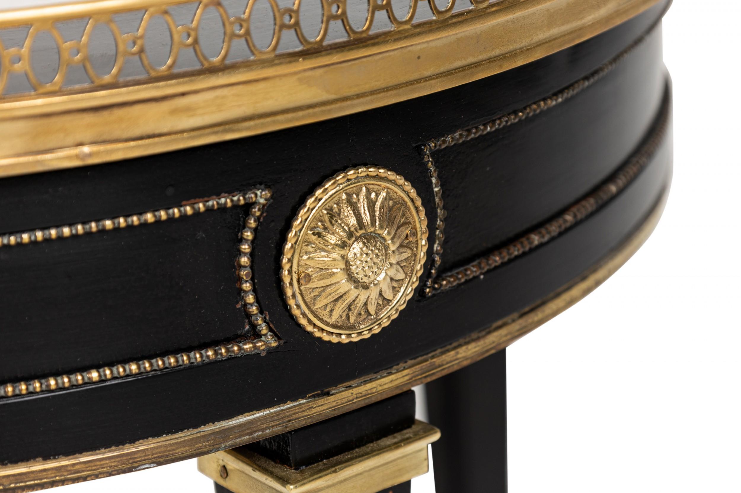 Pair of French Mid-Century Round Ebonized White Marble and Brass Side Table 1