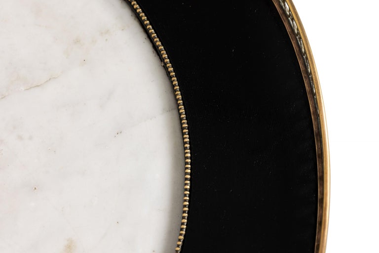 Pair of French Mid-Century Round Ebonized White Marble and Brass Side Table For Sale 3