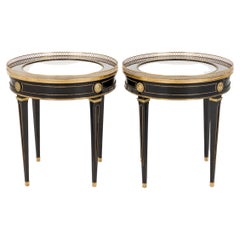 Pair of French Mid-Century Round Ebonized White Marble and Brass Side Table