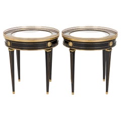 Pair of French Mid-Century Round Ebonized White Marble and Brass Side Table