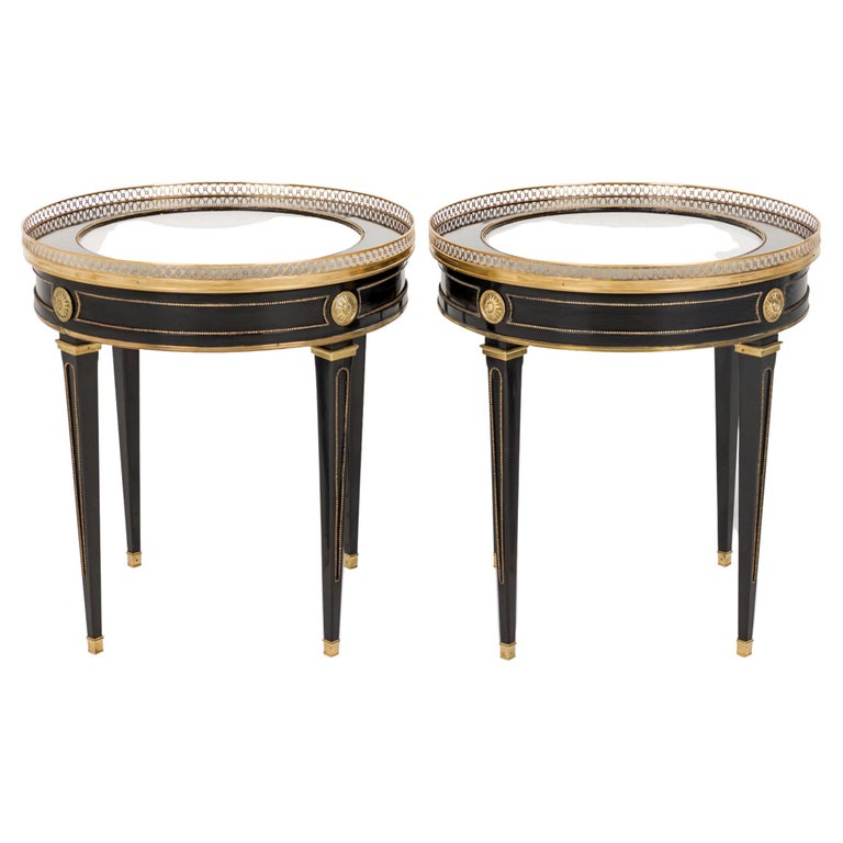 Pair of French Mid-Century Round Ebonized White Marble and Brass Side Table For Sale