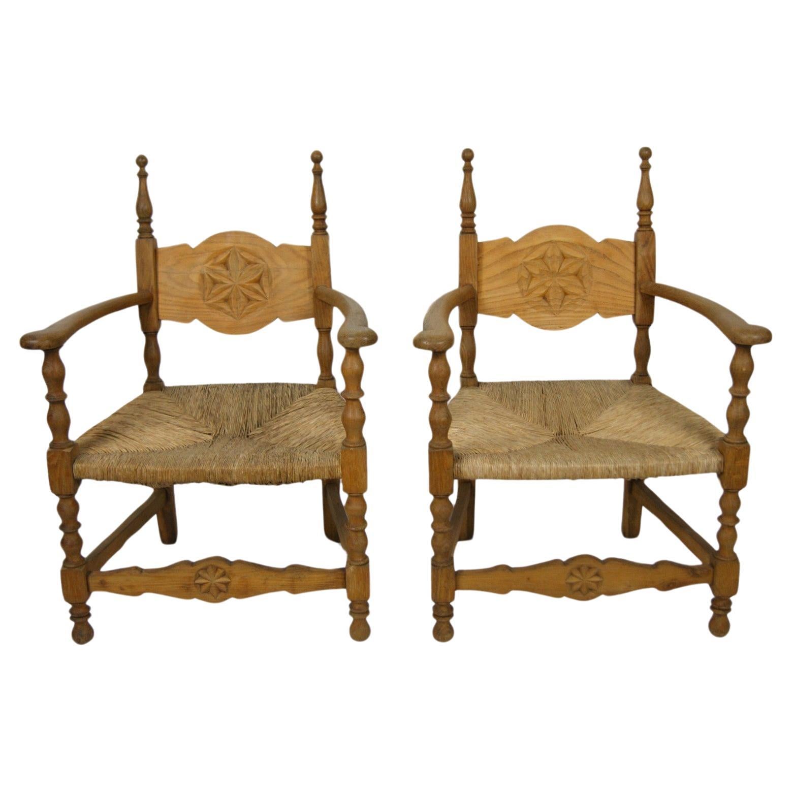 Pair of French mid-century rush armchairs, 1900 For Sale