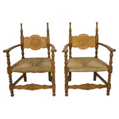 Antique Pair of French mid-century rush armchairs, 1900