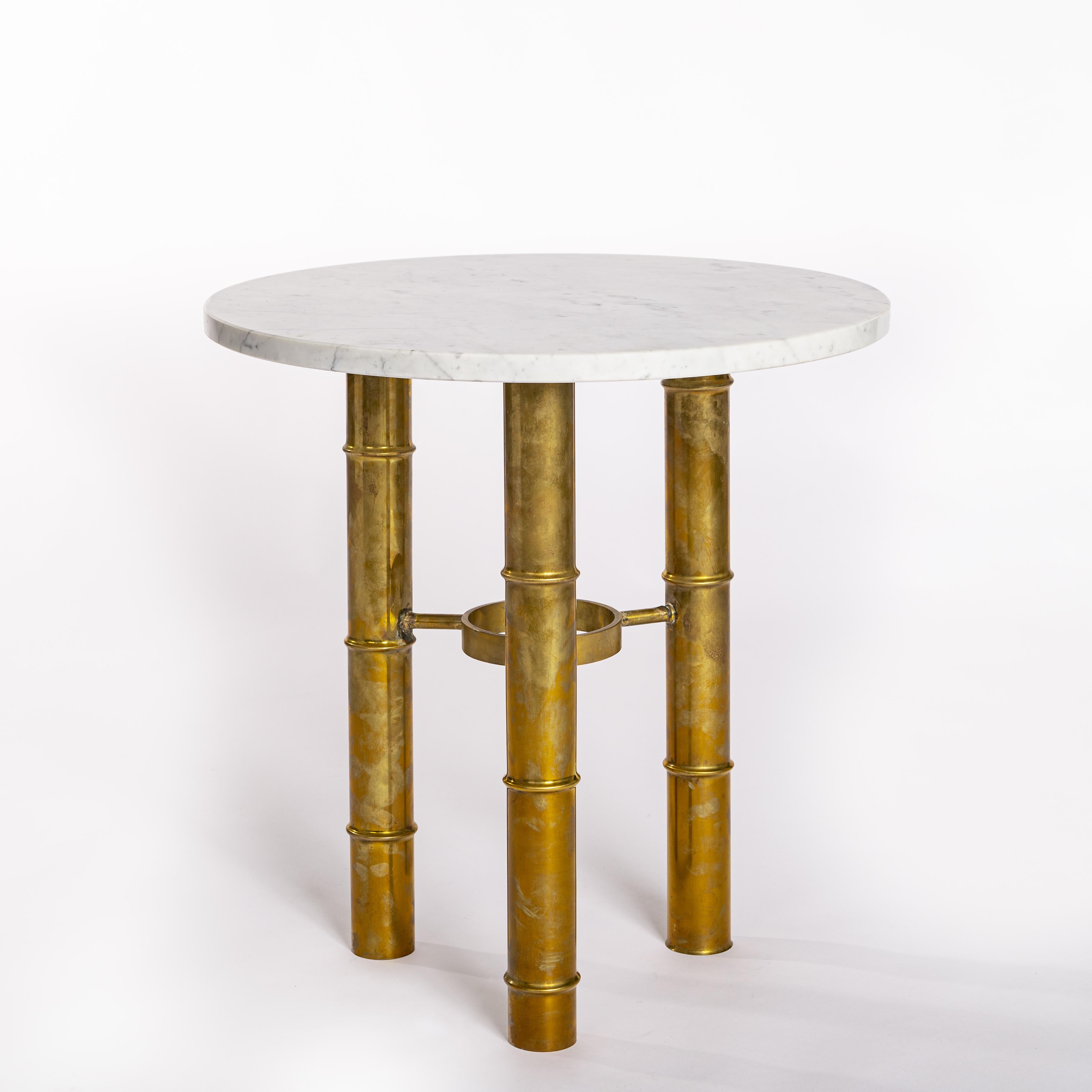 Cast Pair of French Mid-Century Side Tables Brass Bamboo Design White Marble Top 70s For Sale