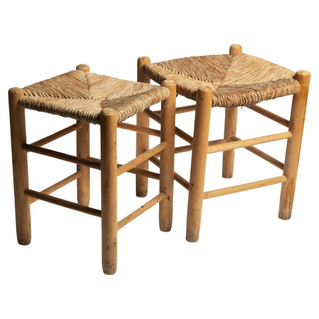 Pair of French Mid Century Straw Stools in Style of Charlotte Perriand, 1960s For Sale