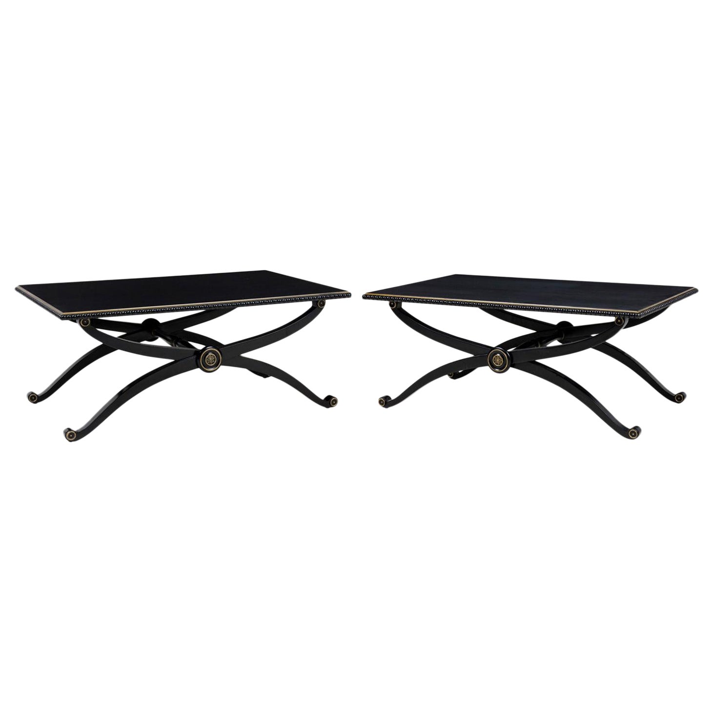 Pair of French Mid-Century Style Lacquer Transitional Cross Base Cocktail Tables For Sale