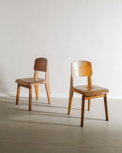 Pair of French Mid Century Tout Bois Wooden Dining Chairs by Jean Prouvé, 1940s