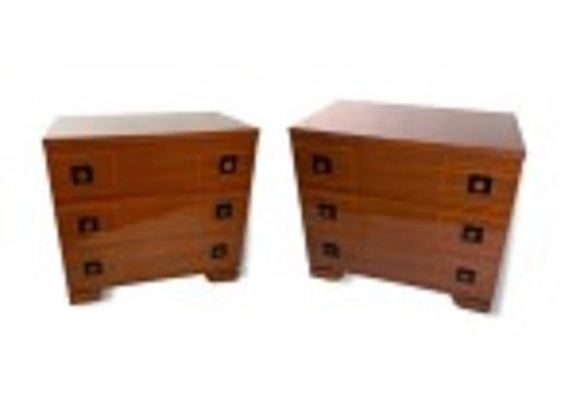 PAIR of French Mid-Century walnut inlaid 3-drawer chests. Each drawer having two square shaped pulls with a circular cut out in the center for grip. (PRICED AS PAIR)