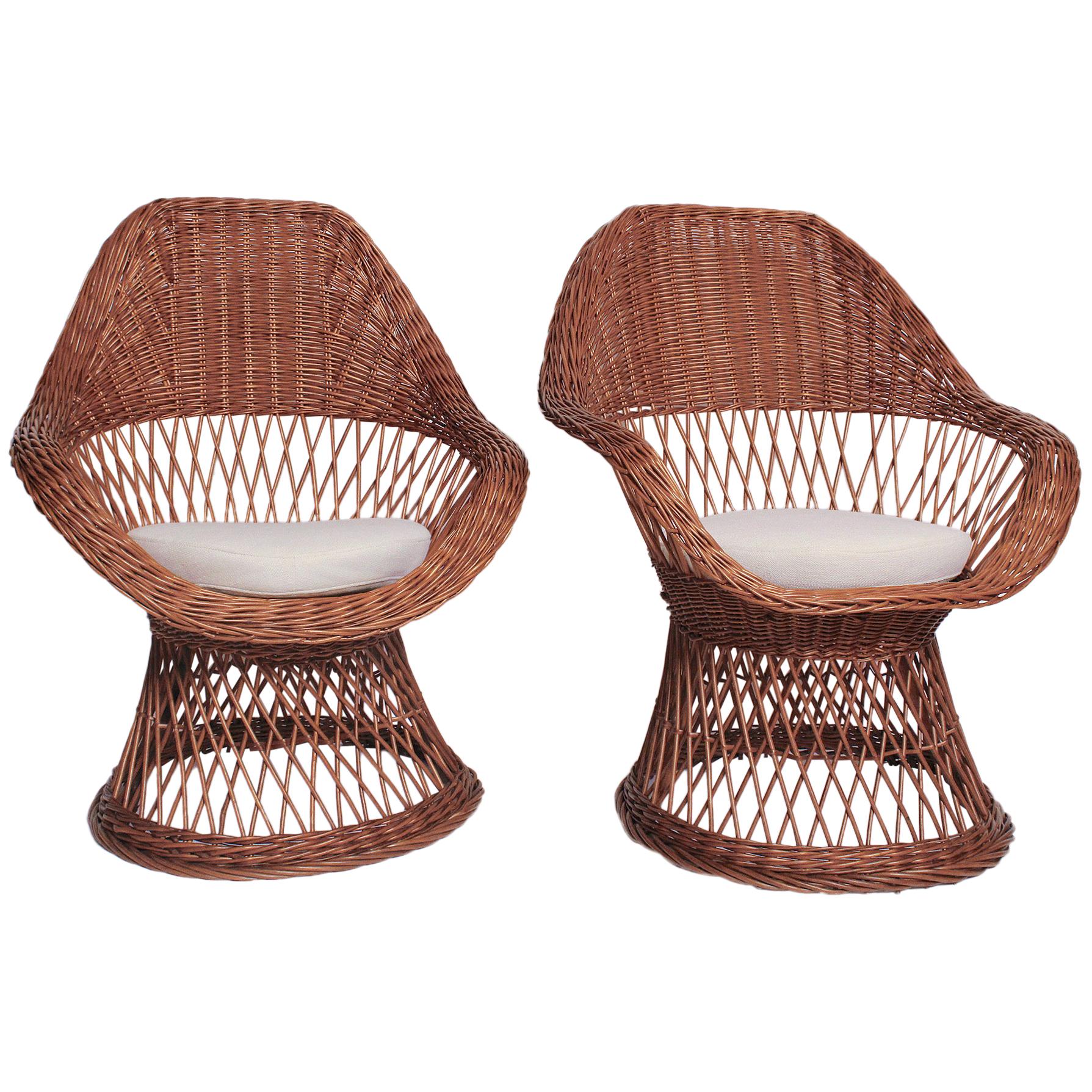 Pair of French Midcentury Wicker Lounge Chairs