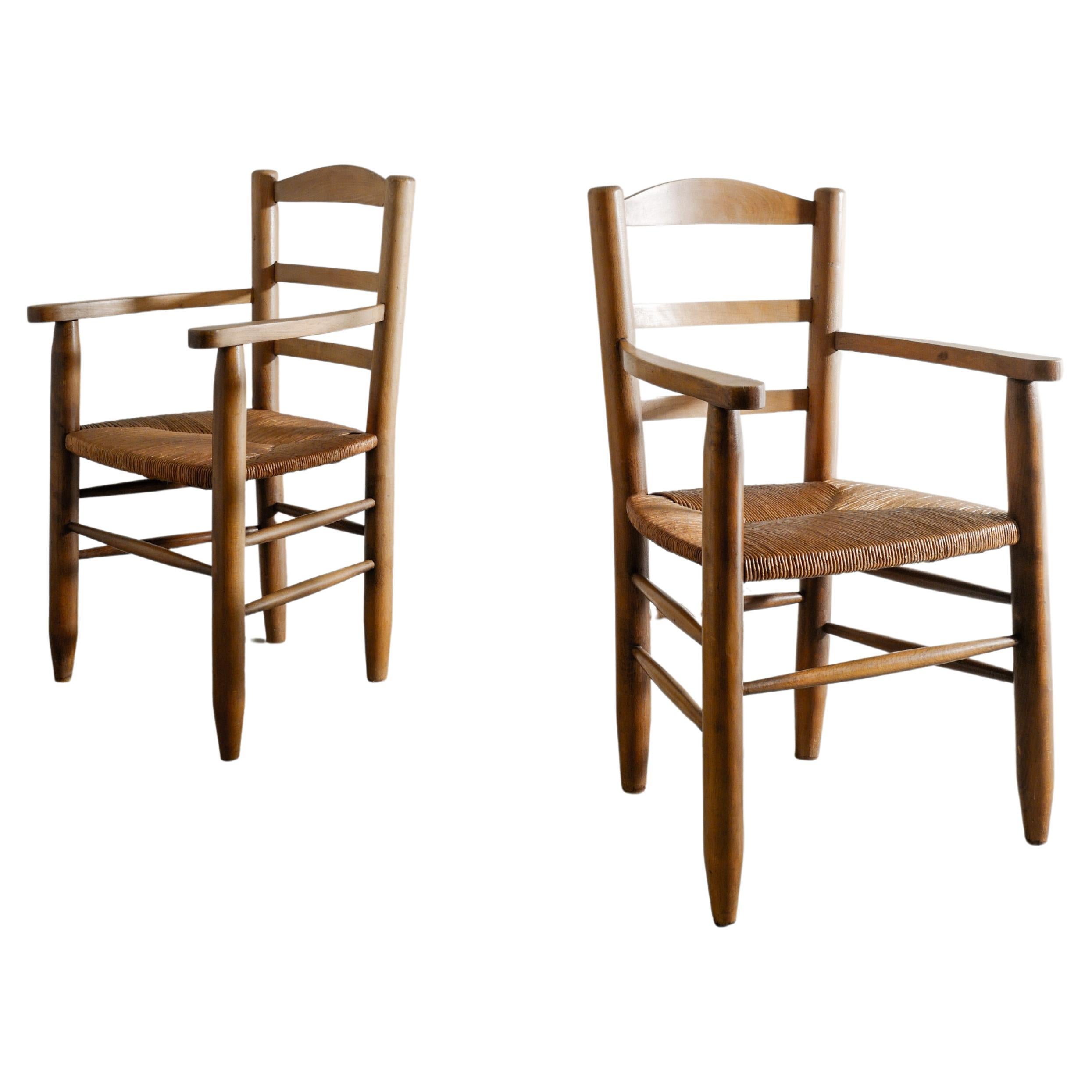 Paire de fauteuils en bois du milieu du siècle dans le style de Charlotte Perriand 1950s en vente