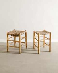 Pair of French Mid Century Wooden Straw Rush Stools in style of Perriand, 1960s