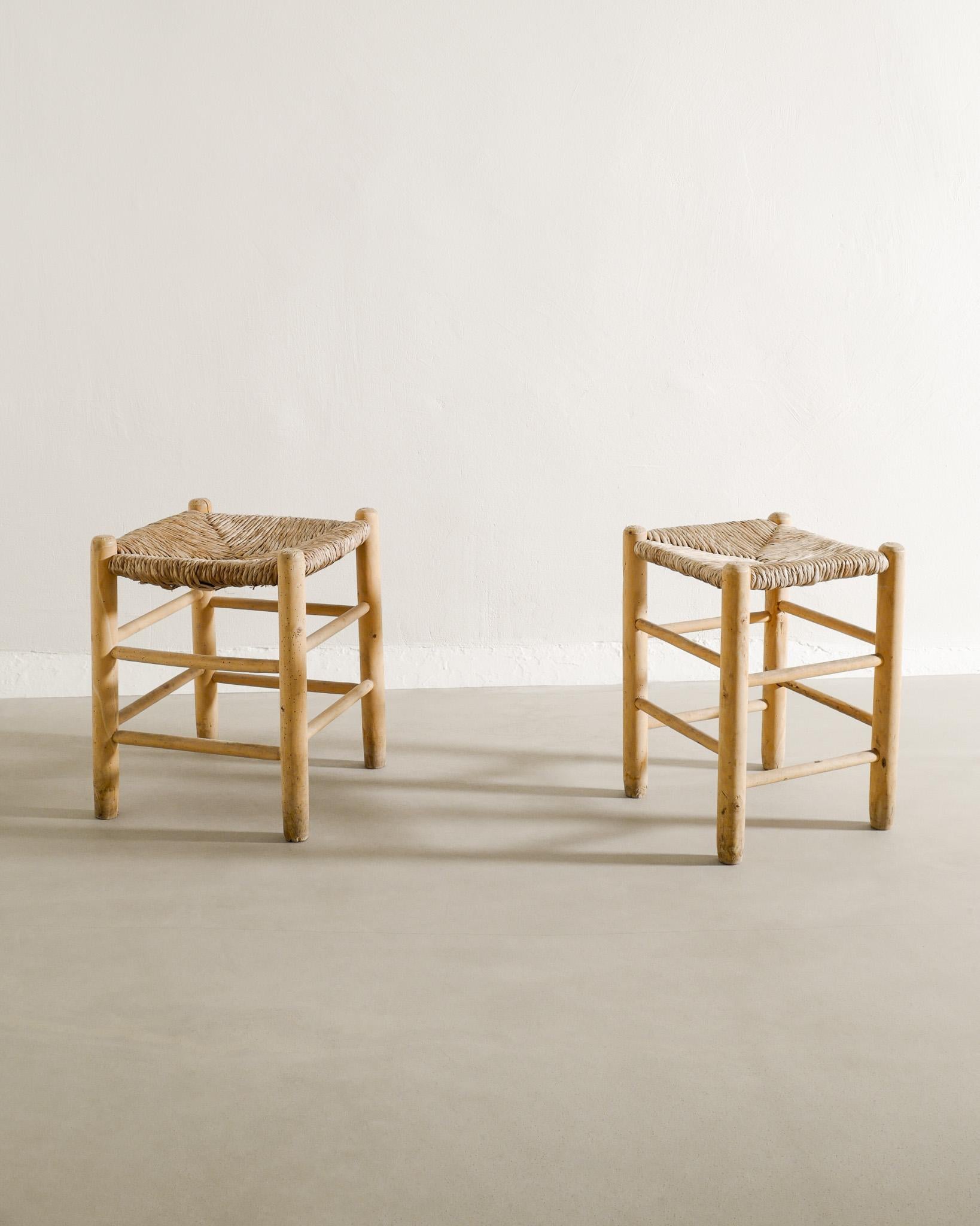 Mid-20th Century Pair of French Mid Century Wooden Straw Rush Stools in style of Perriand, 1960s For Sale