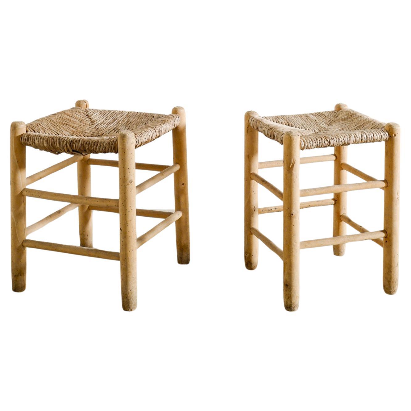 Pair of French Mid Century Wooden Straw Rush Stools in style of Perriand, 1960s For Sale