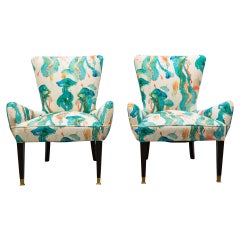 Pair of French Mid-Century Armchairs, 1950s with Tiffany Green and Orange Print