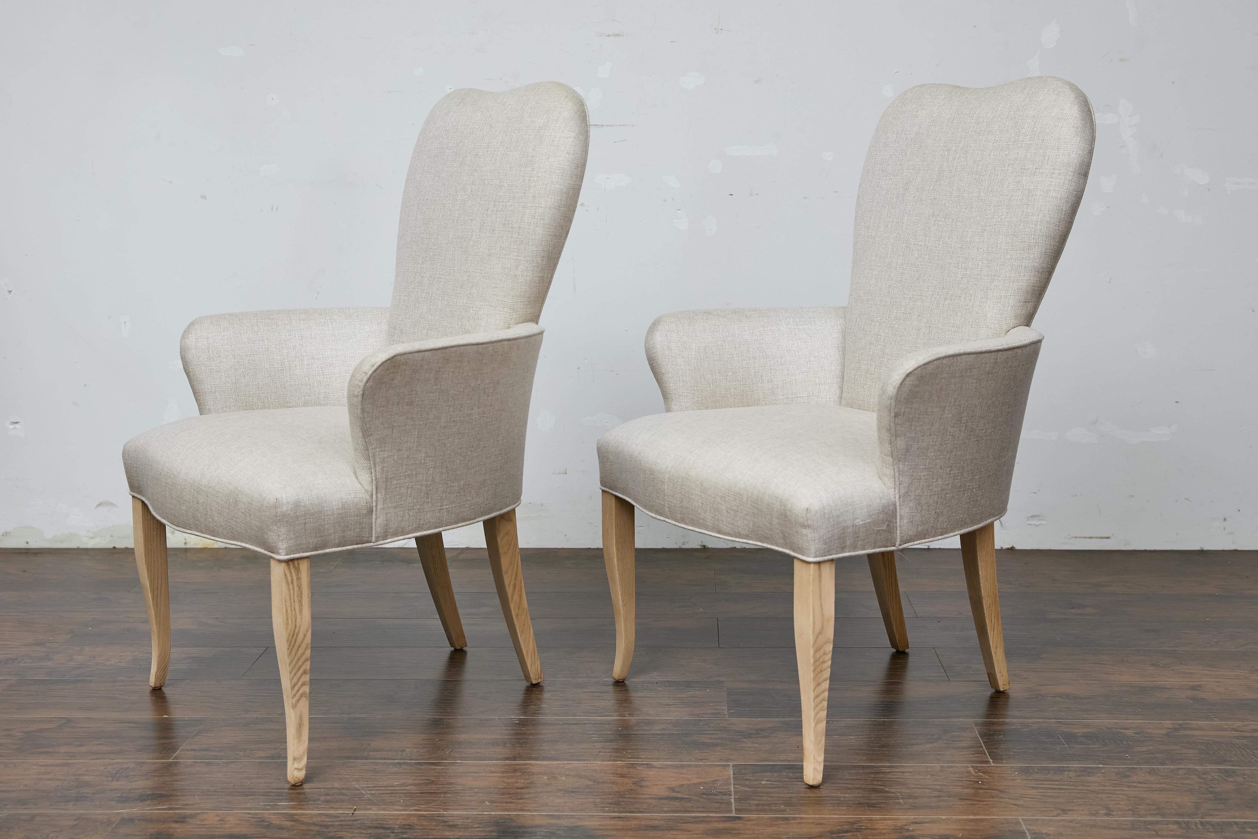 Mid-Century Modern Pair of French Midcentury Armchairs with Linen Upholstery, Curved Tapered Legs For Sale
