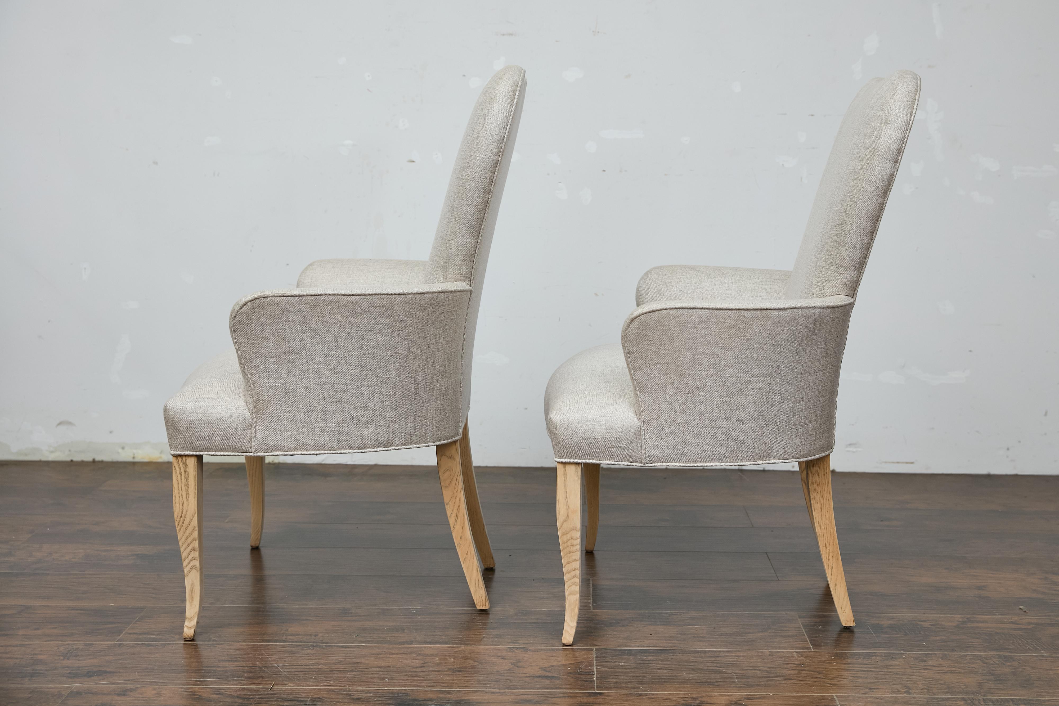 20th Century Pair of French Midcentury Armchairs with Linen Upholstery, Curved Tapered Legs For Sale