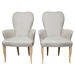 Pair of French Midcentury Armchairs with Linen Upholstery, Curved Tapered Legs