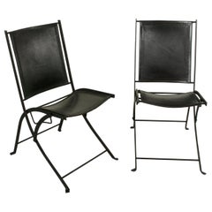 Pair of French Midcentury Black Iron Folding Chairs with Leather Sling Seats