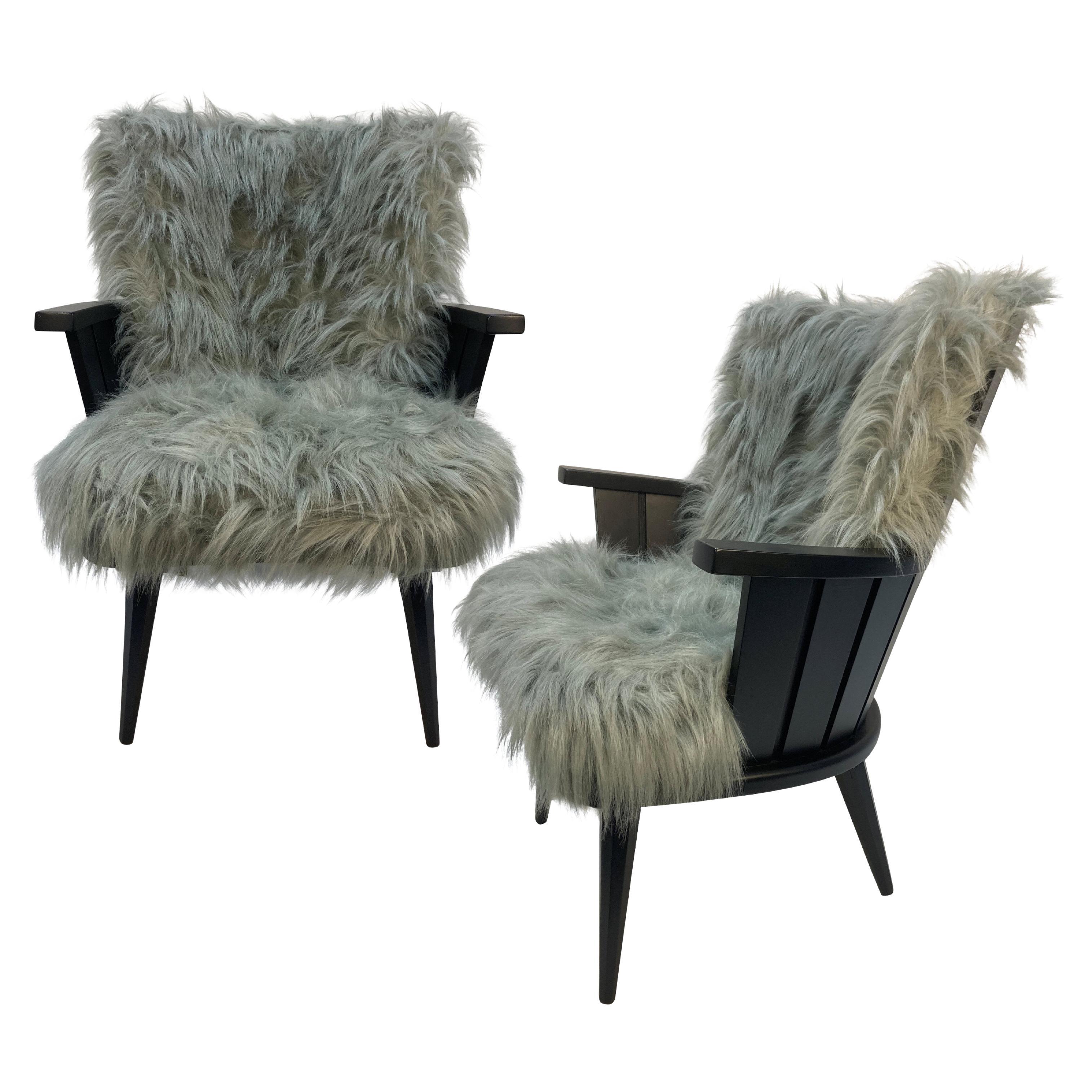 Pair Of French Midcentury Black Lacquered Fluffy Armchairs