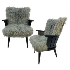Pair Of French Midcentury Black Lacquered Fluffy Armchairs