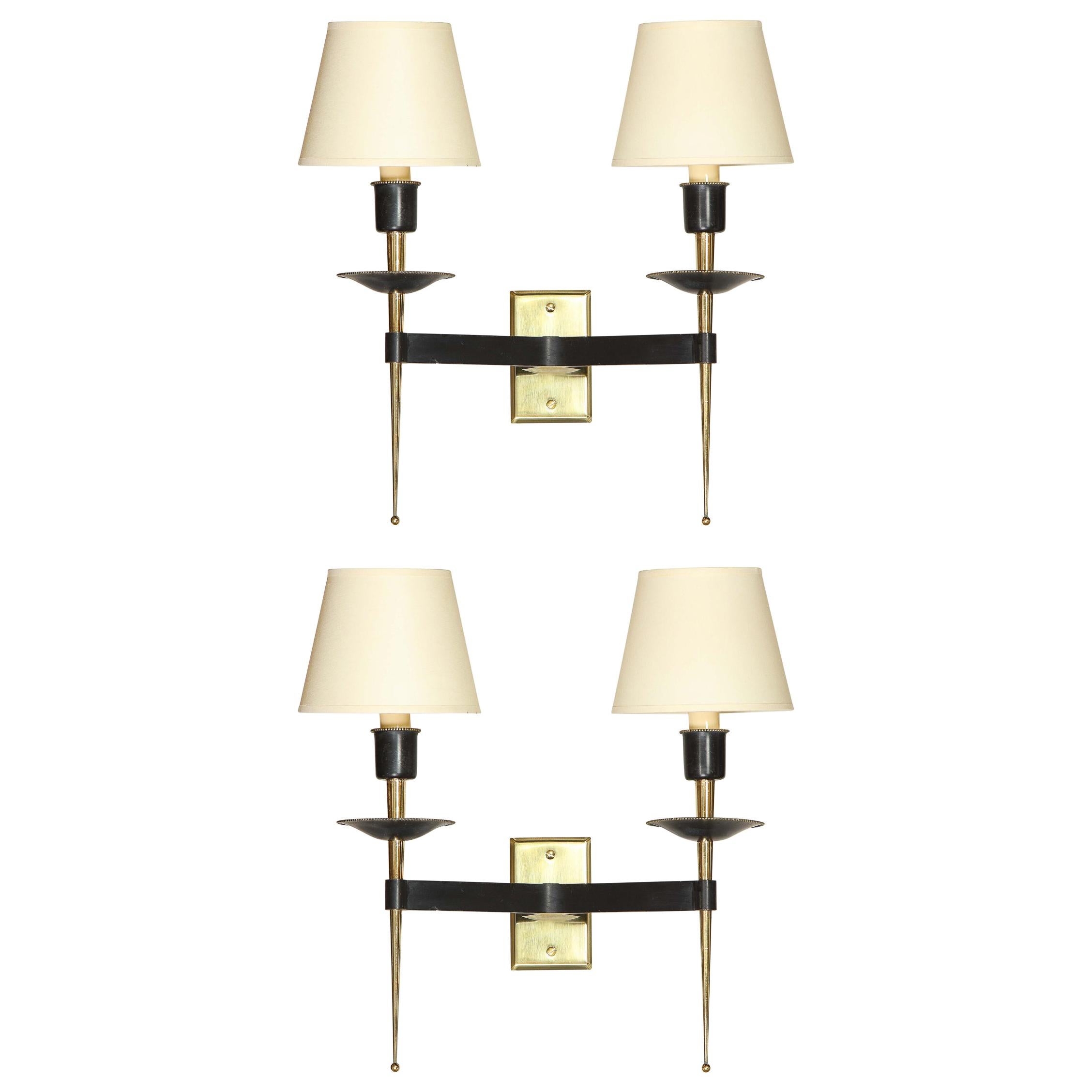 Pair of French Midcentury Brass and Black Enamel Sconces with Linen Shades