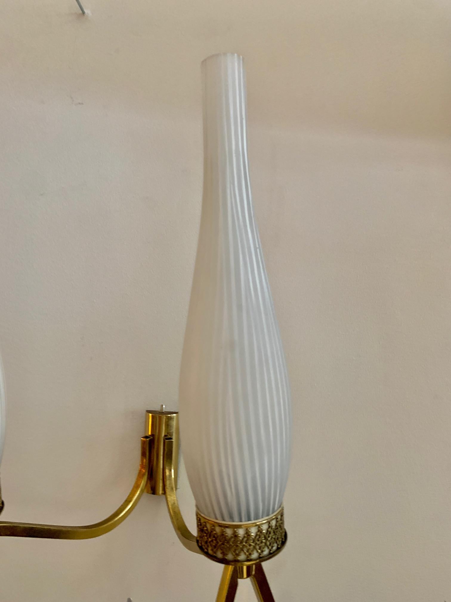 Pair of French Midcentury Brass and Opaline Shades Wall Sconces For Sale 6