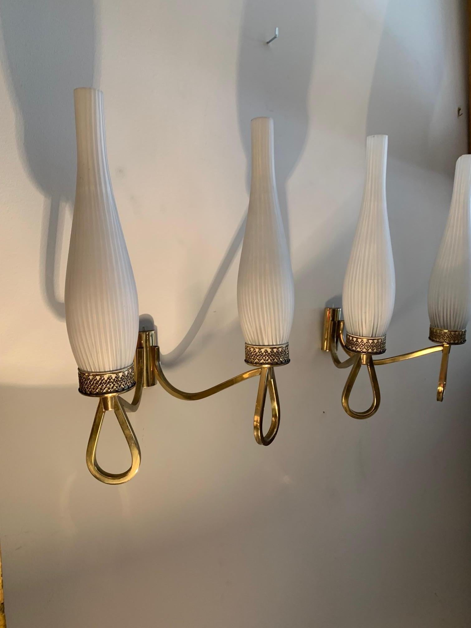 Pair of French Midcentury Brass and Opaline Shades Wall Sconces For Sale 8