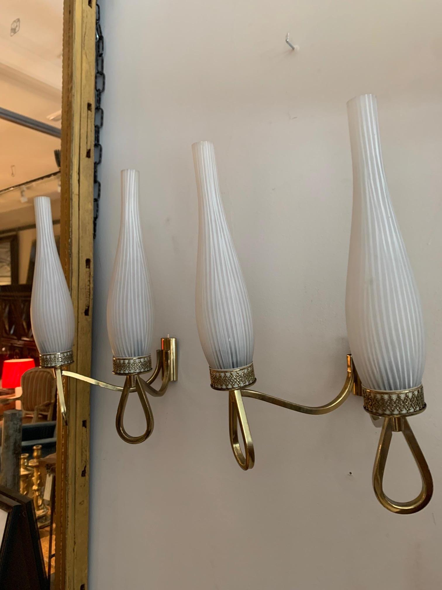 Pair of French Midcentury Brass and Opaline Shades Wall Sconces For Sale 9