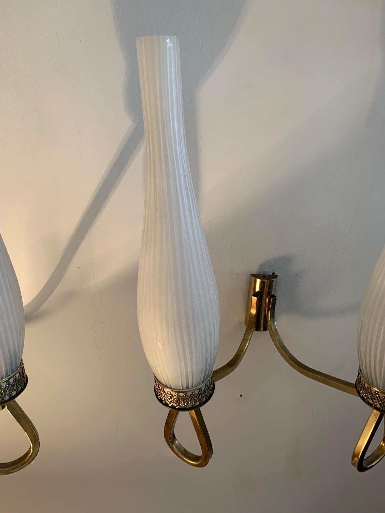 Pair of French Midcentury Brass and Opaline Shades Wall Sconces For Sale 10