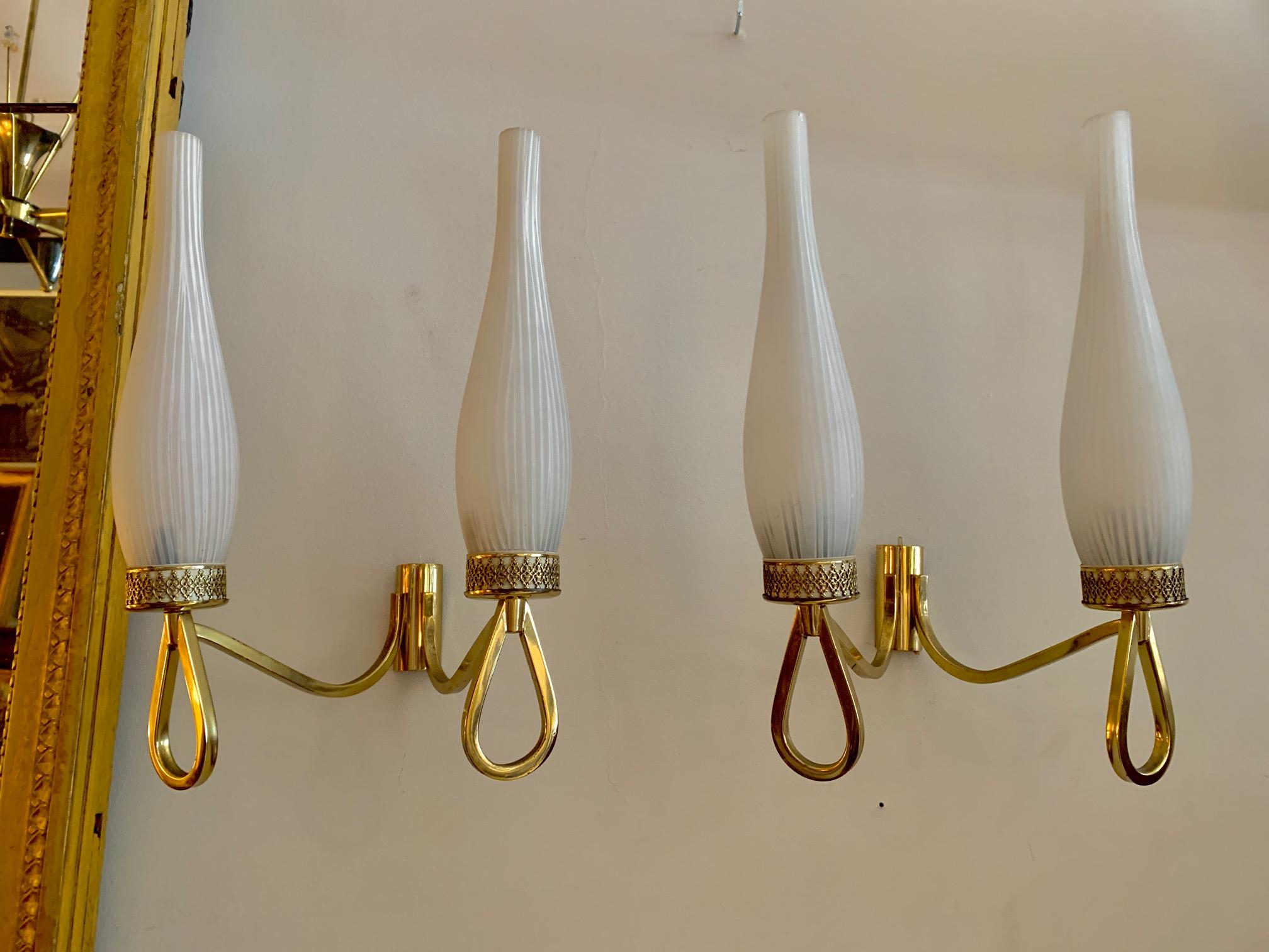 Pair of French Midcentury Brass and Opaline Shades Wall Sconces For Sale 11