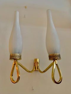 Pair of French Midcentury Brass and Opaline Shades Wall Sconces