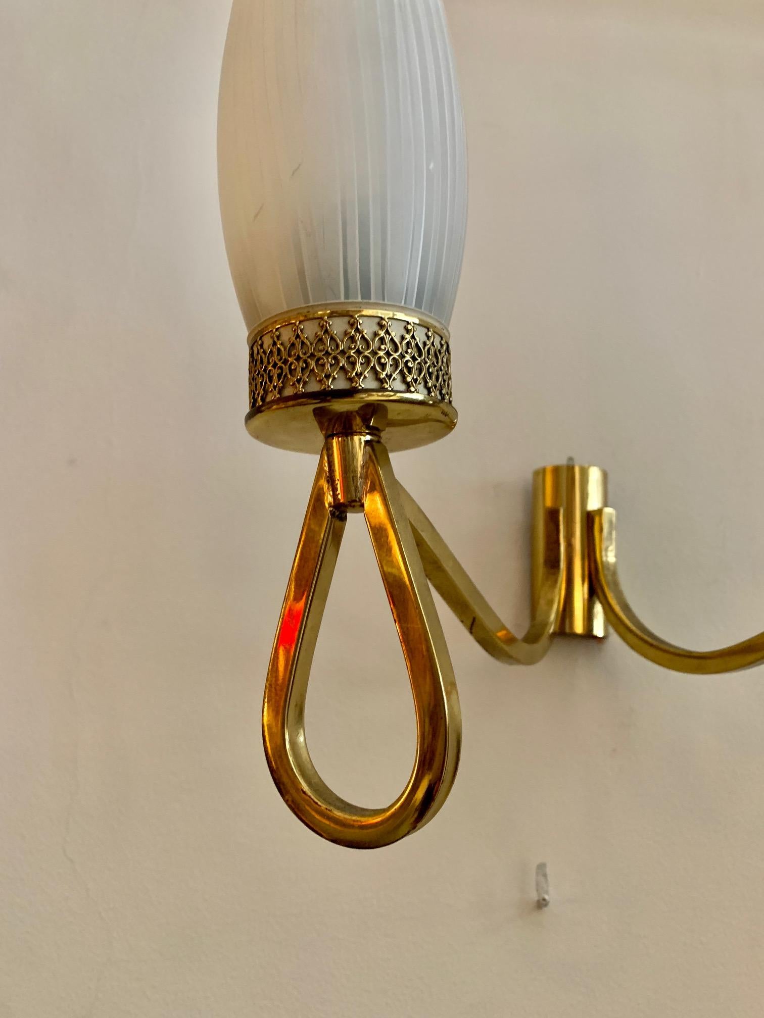 Mid-Century Modern Pair of French Midcentury Brass and Opaline Shades Wall Sconces For Sale