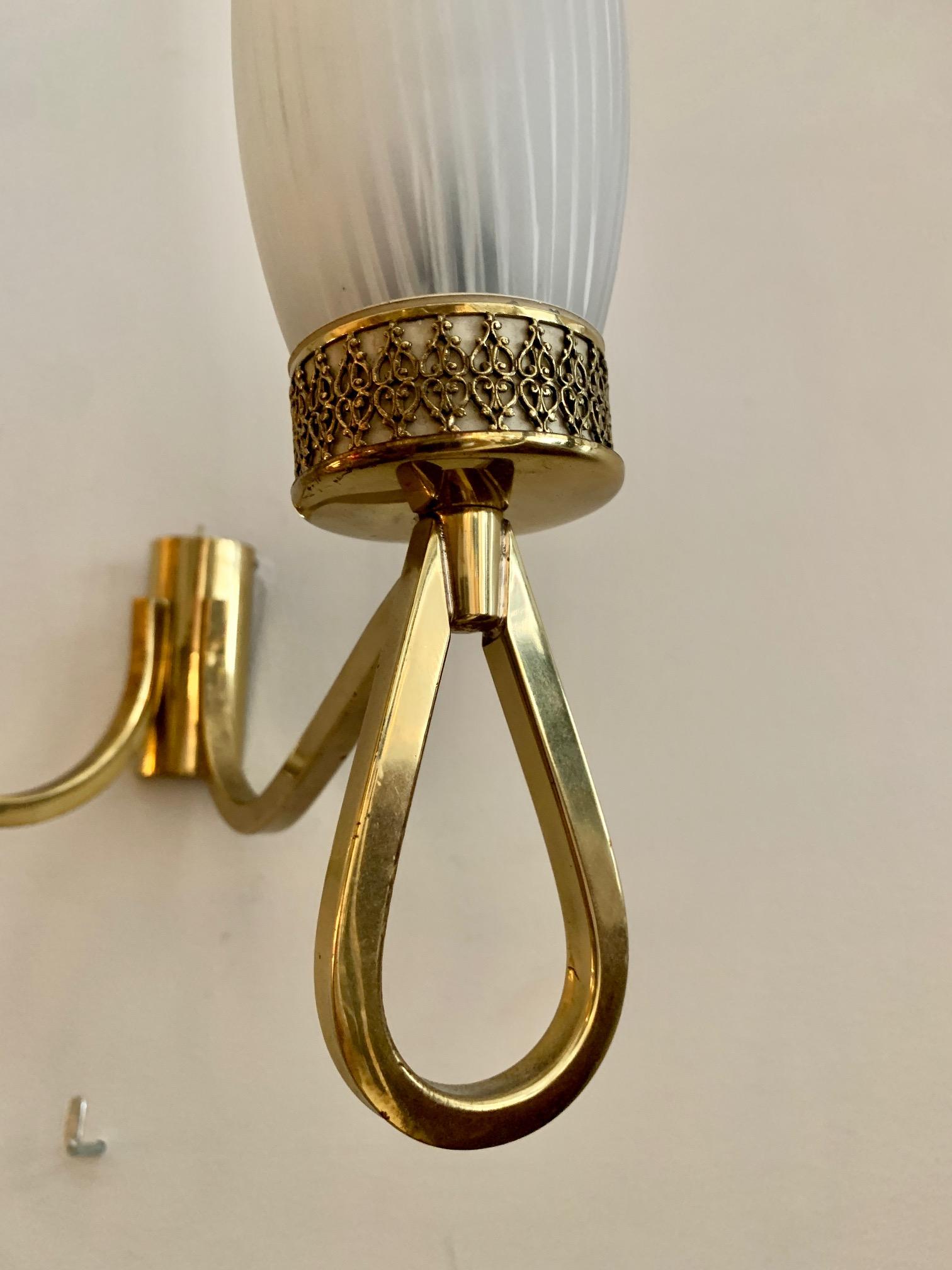 20th Century Pair of French Midcentury Brass and Opaline Shades Wall Sconces For Sale