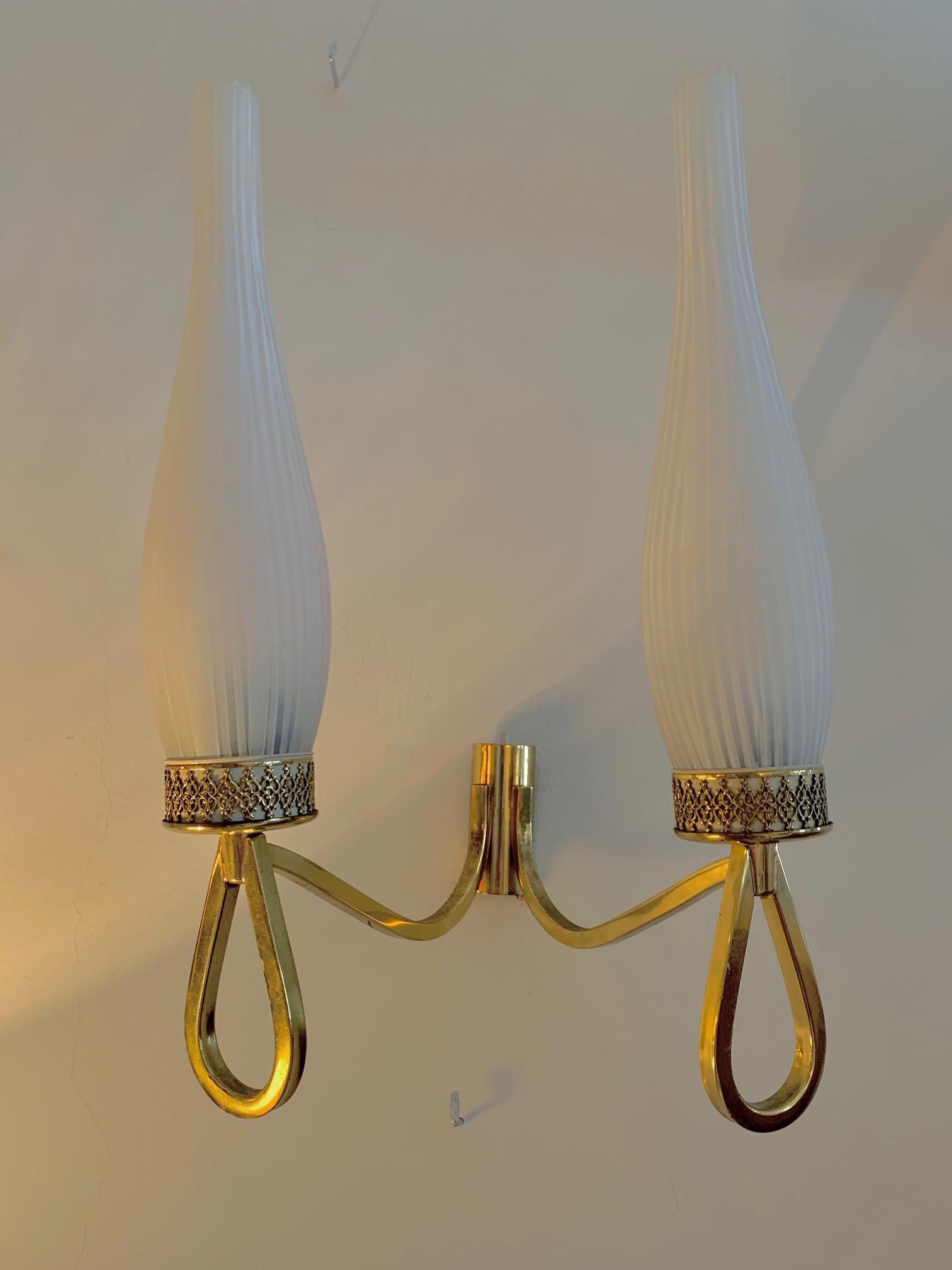 Pair of French Midcentury Brass and Opaline Shades Wall Sconces For Sale 2