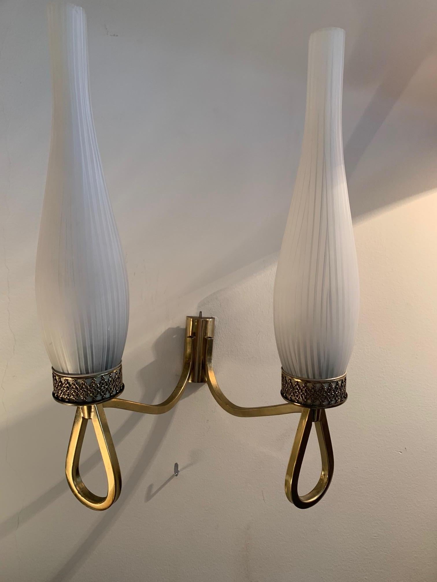 Pair of French Midcentury Brass and Opaline Shades Wall Sconces For Sale 3