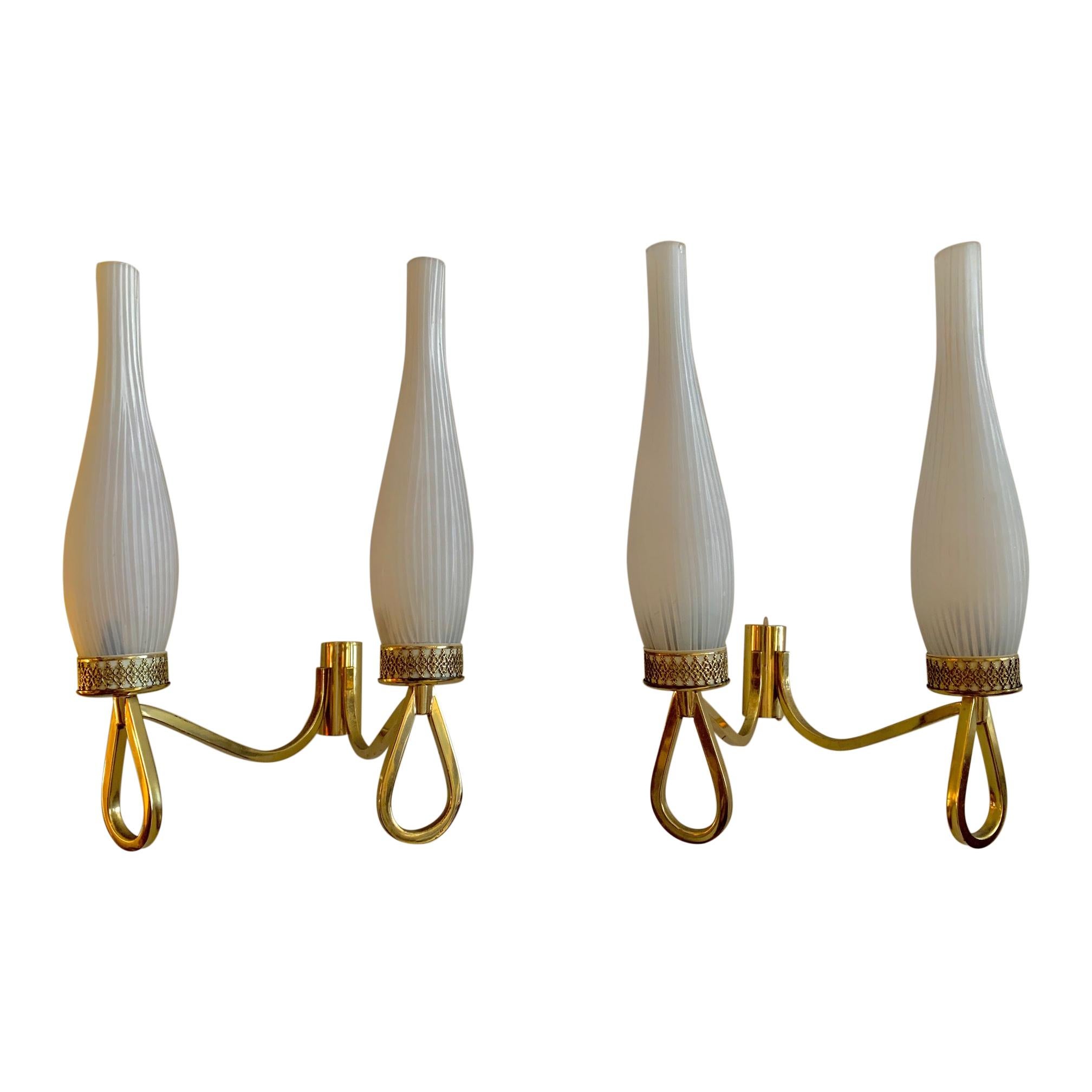 Pair of French Midcentury Brass and Opaline Shades Wall Sconces For Sale