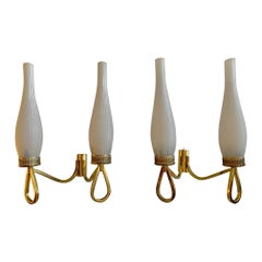 Vintage Pair of French Midcentury Brass and Opaline Shades Wall Sconces