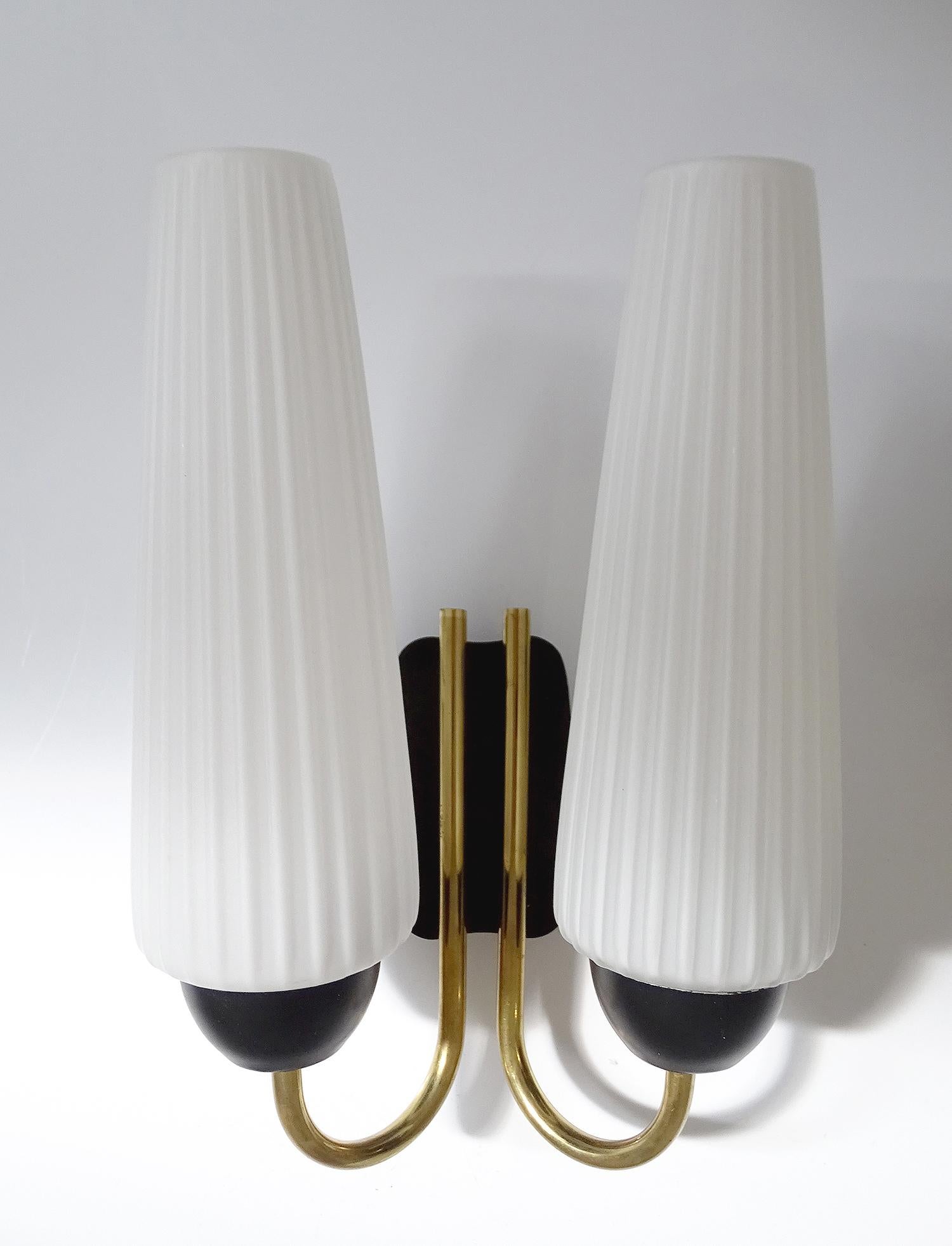 Mid-20th Century Pair of French Midcentury Brass Glass Mirror  Sconces, Stilnovo Gio Ponti Era