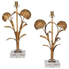 Vintage Pair of French Midcentury Brass Hydrangeas Table Lamps Mounted on Custom Lucite