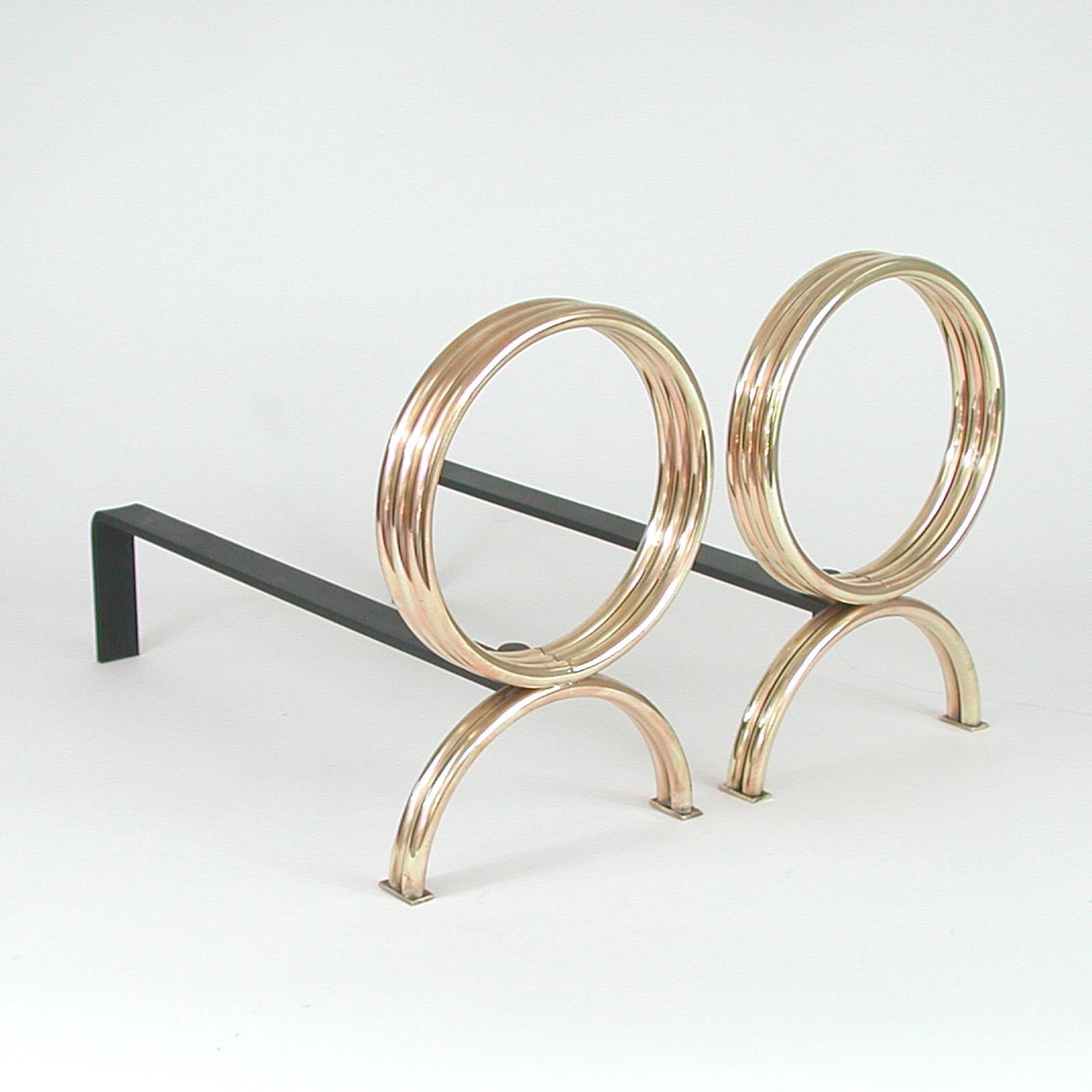 Mid-20th Century Pair of French Midcentury Brass & Iron Fireplace Andirons For Sale