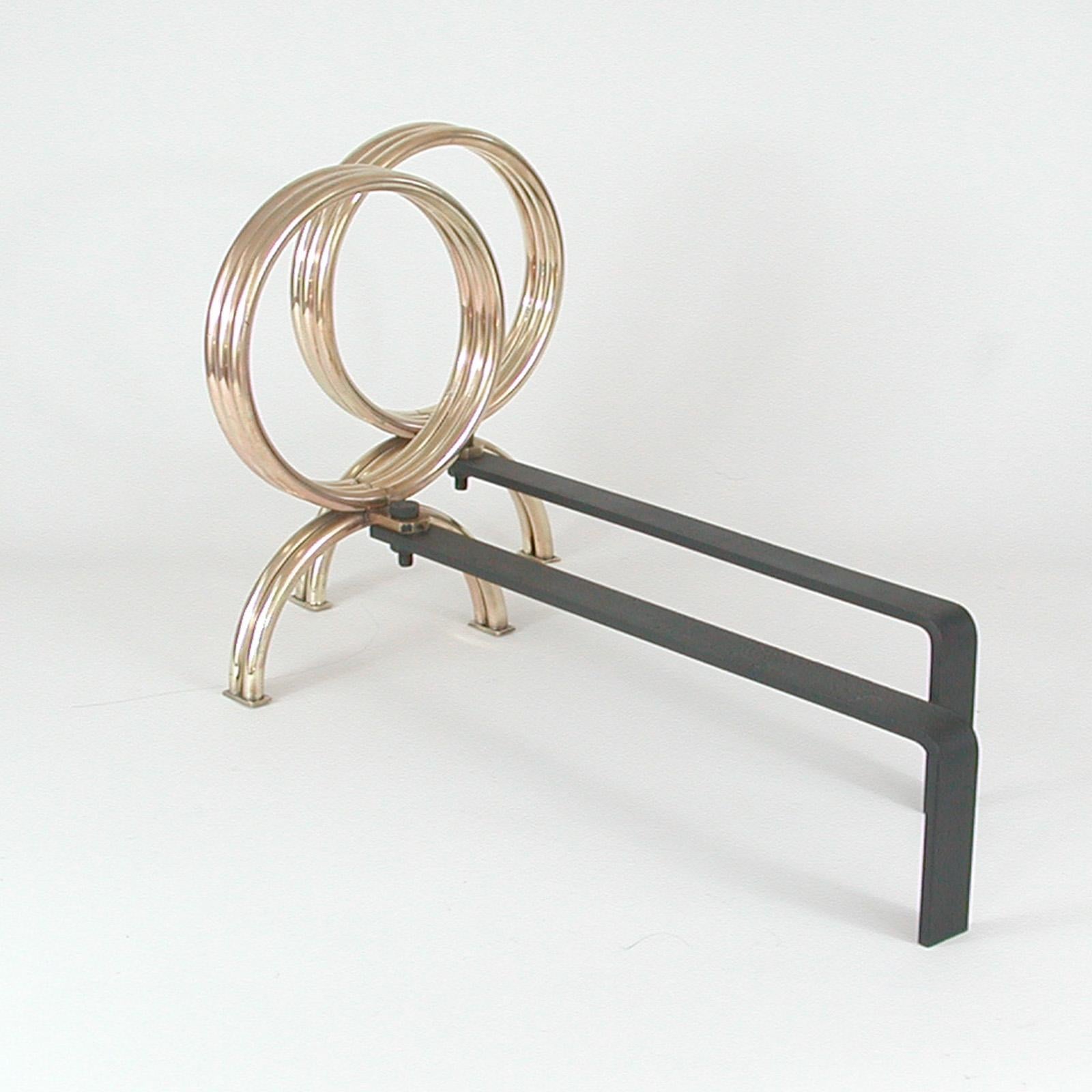 Pair of French Midcentury Brass & Iron Fireplace Andirons For Sale 2