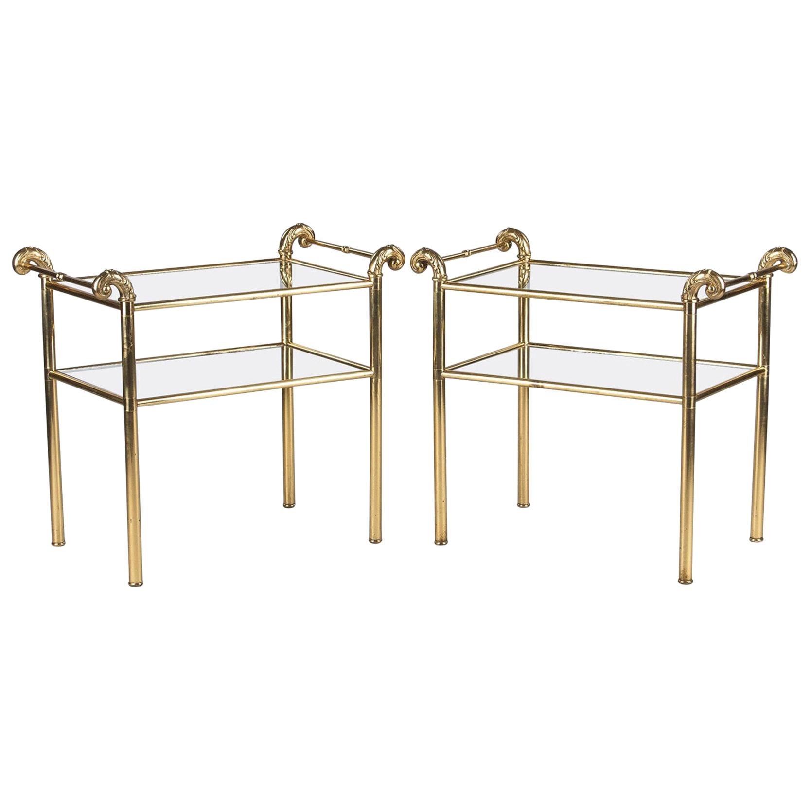 Pair of French Midcentury Brass Side Tables with Glass Tops