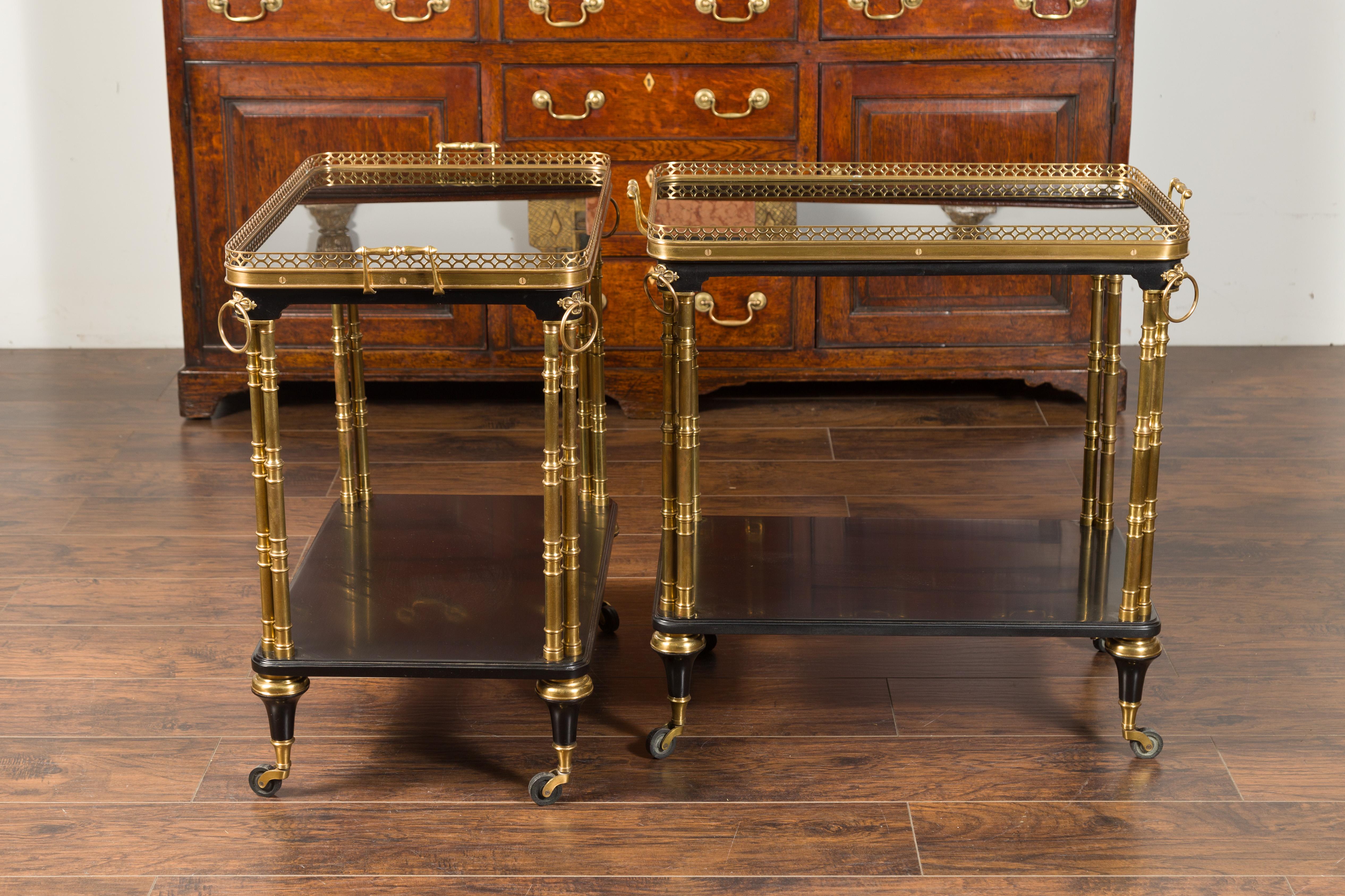 Pair of French Midcentury Bronze and Ebonized Trolleys with Black Mirrored Tops For Sale 6