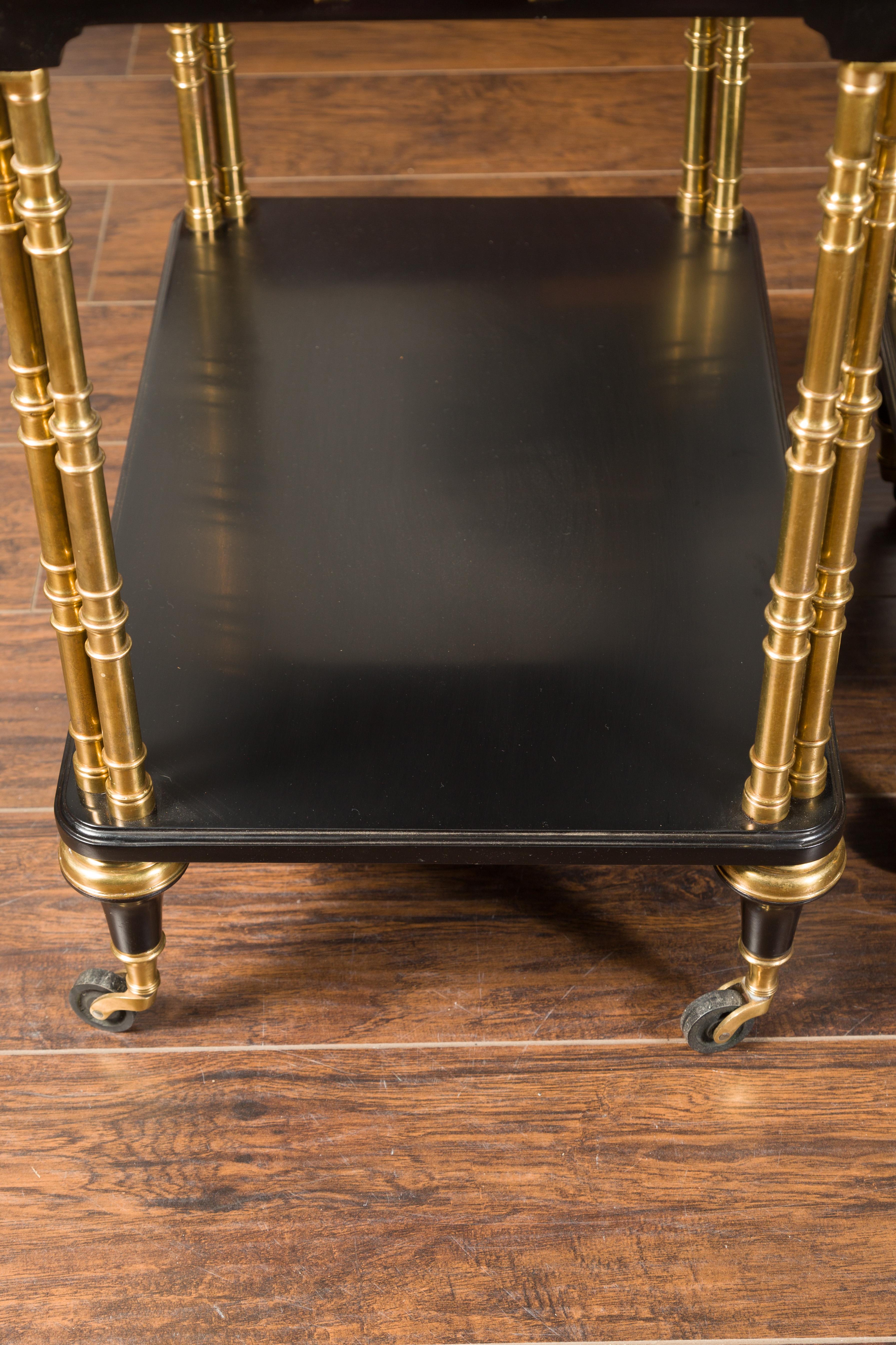 Pair of French Midcentury Bronze and Ebonized Trolleys with Black Mirrored Tops For Sale 9