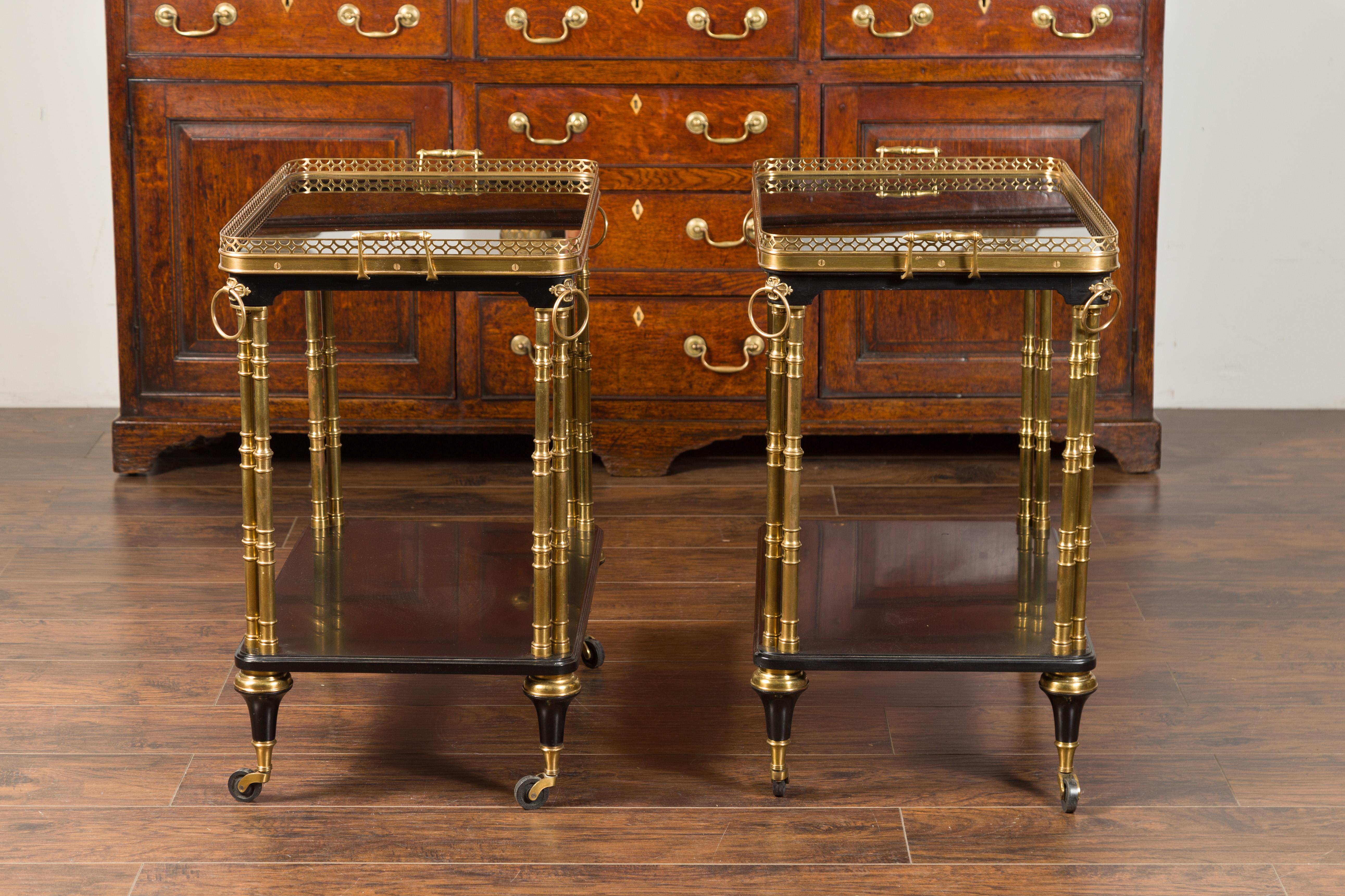 Pair of French Midcentury Bronze and Ebonized Trolleys with Black Mirrored Tops For Sale 10