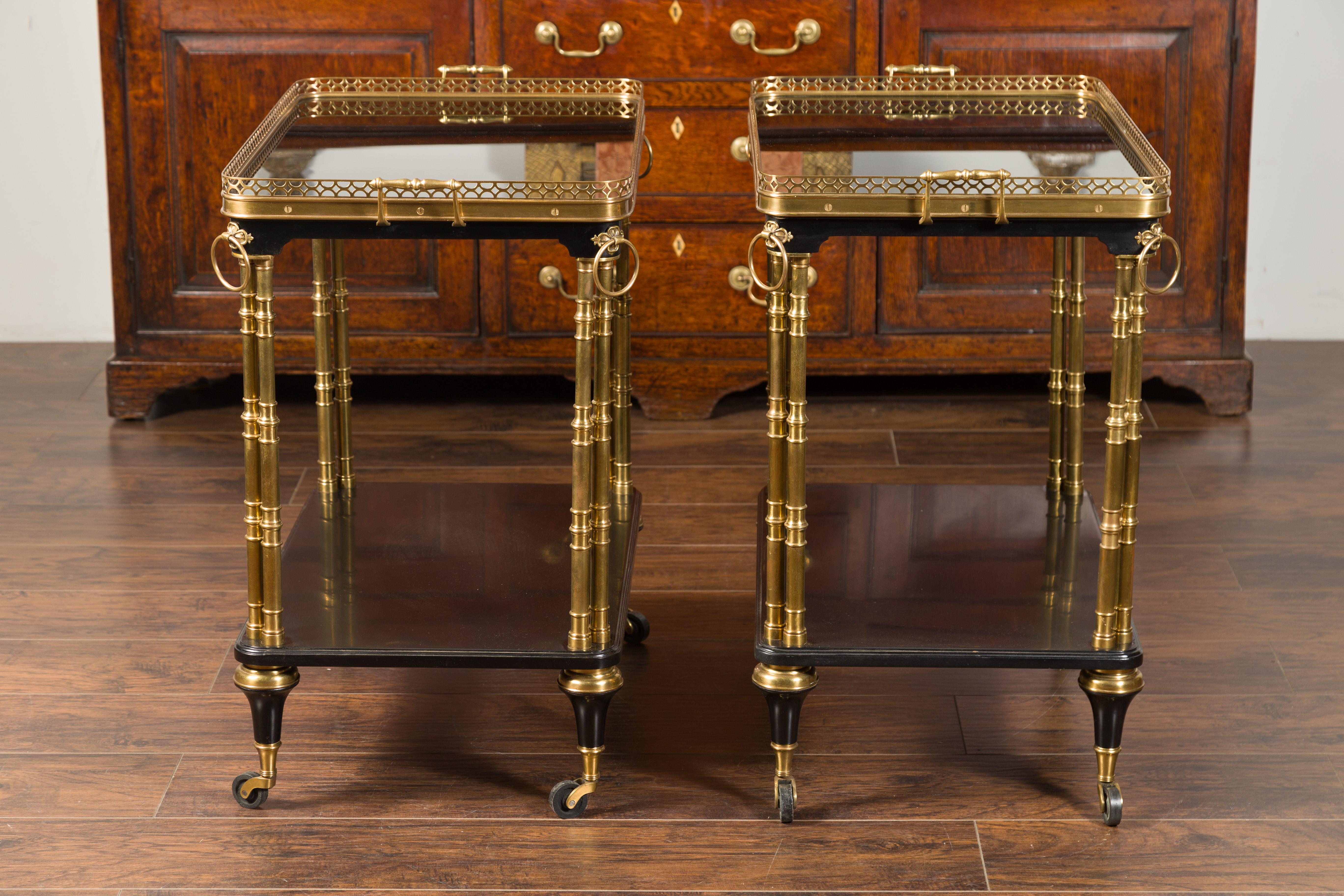 Pair of French Midcentury Bronze and Ebonized Trolleys with Black Mirrored Tops For Sale 12
