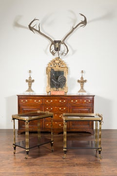 Pair of French Midcentury Bronze and Ebonized Trolleys with Black Mirrored Tops