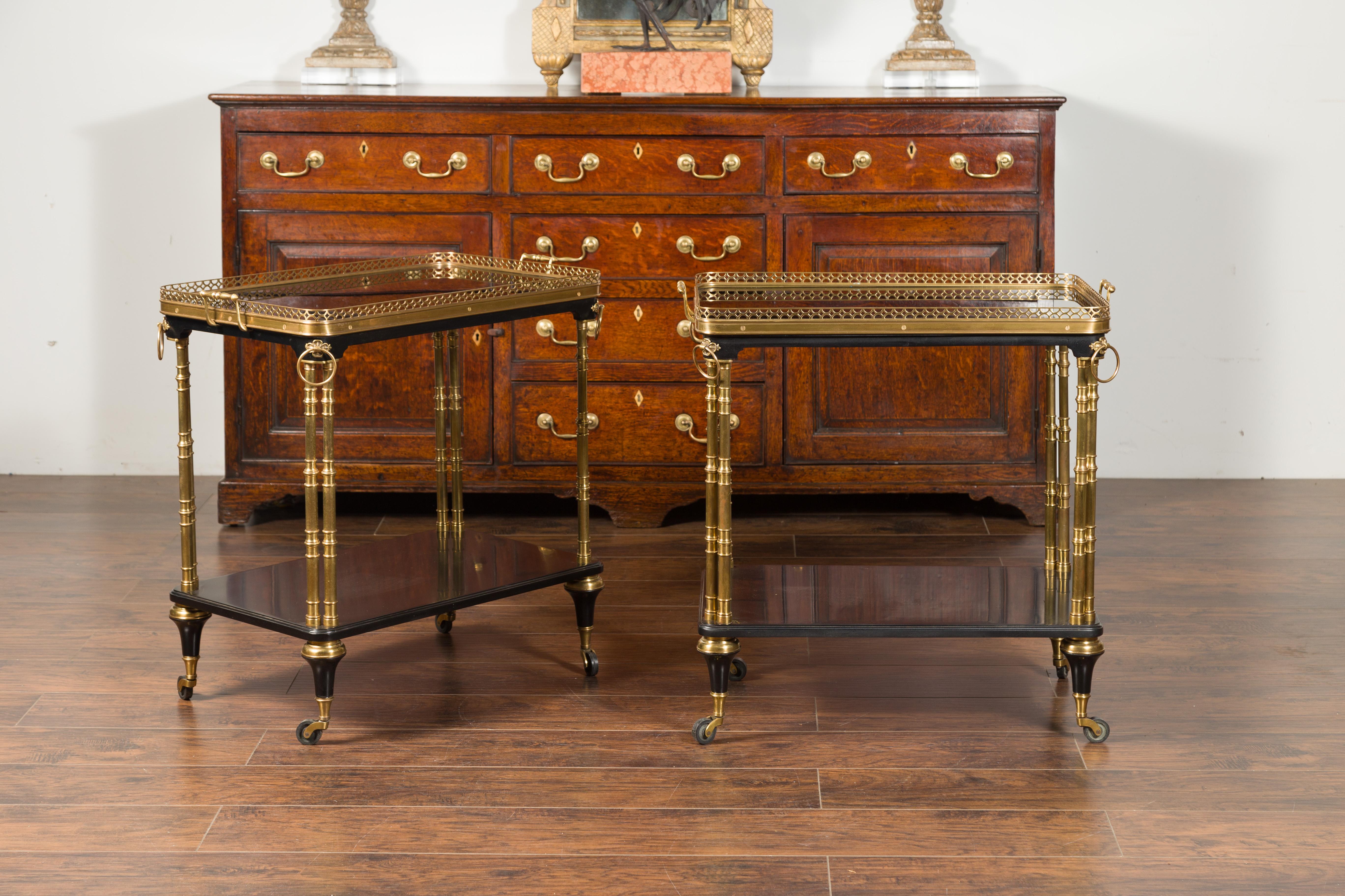 Mid-Century Modern Pair of French Midcentury Bronze and Ebonized Trolleys with Black Mirrored Tops For Sale